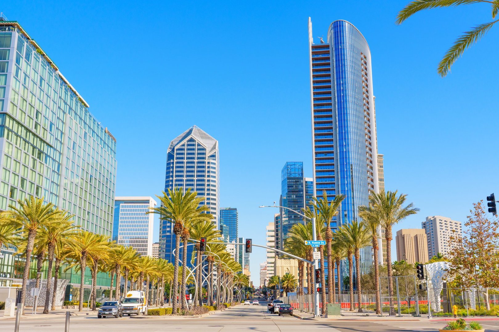 San Diego, California - January 14, 2025: Vibrant cityscape featuring modern skyscrapers lined with palm trees under a clear blue sky in San Diego, California, highlighting urban architecture.