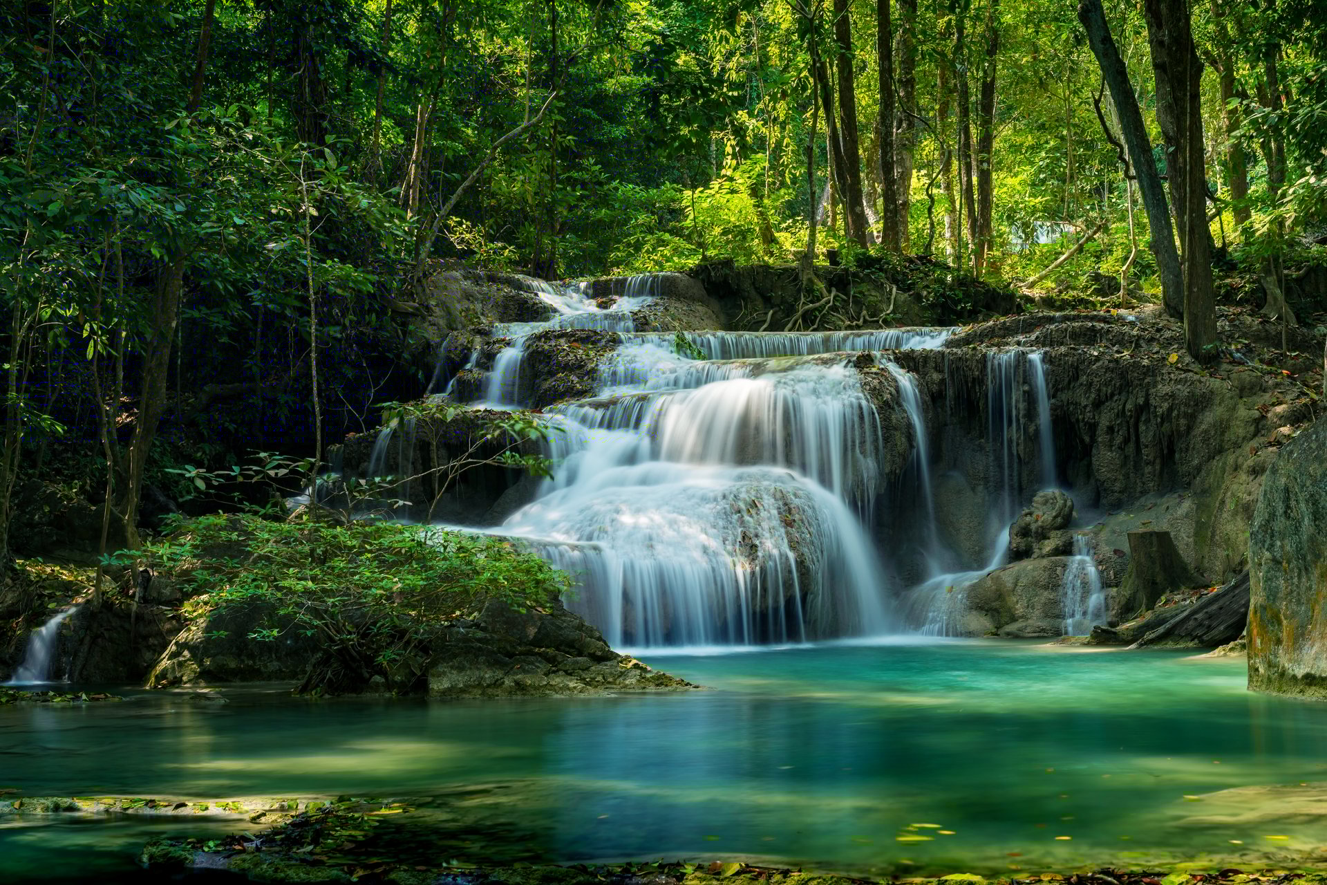 Deep forest waterfall in Thailand.Erawan waterfall National Park Kanjanaburi Thailand.
