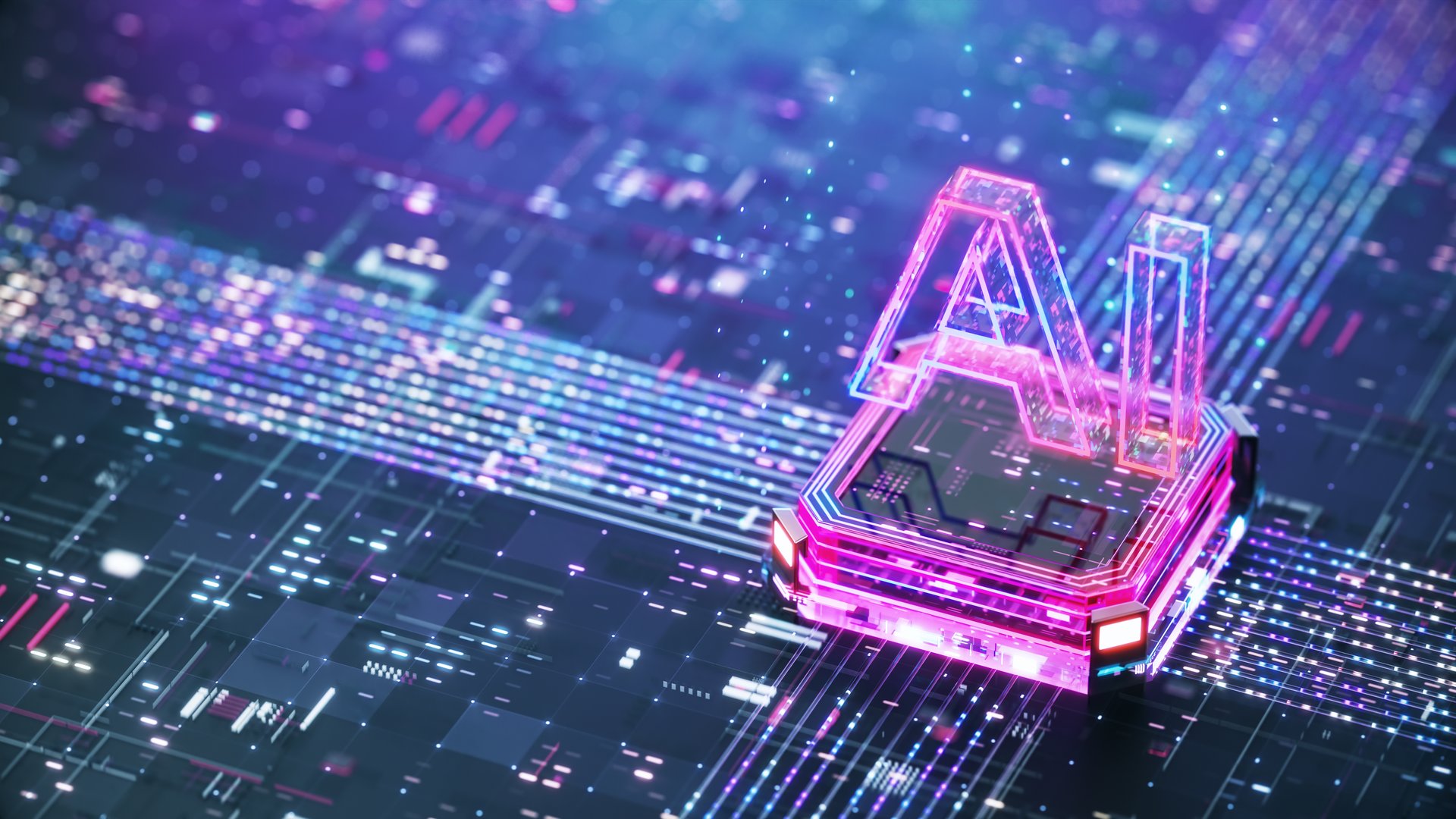 Artificial Intelligence concept. Artificial Intelligence on Central computer processor and futuristic motherboard. AI power.