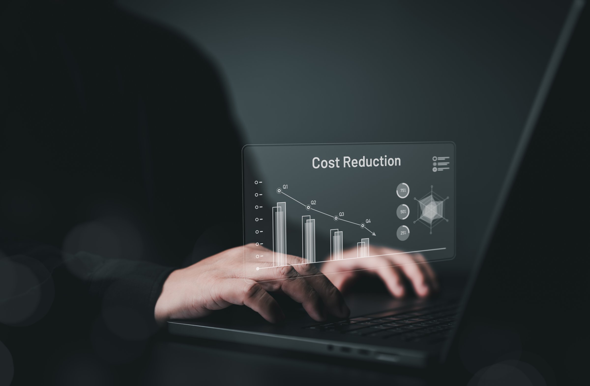 Cost reduction management, business lean optimization manufacturing. Decreasing company expenses to maximize profits. People use computer to analyze enterprise financial data for long-term investment.