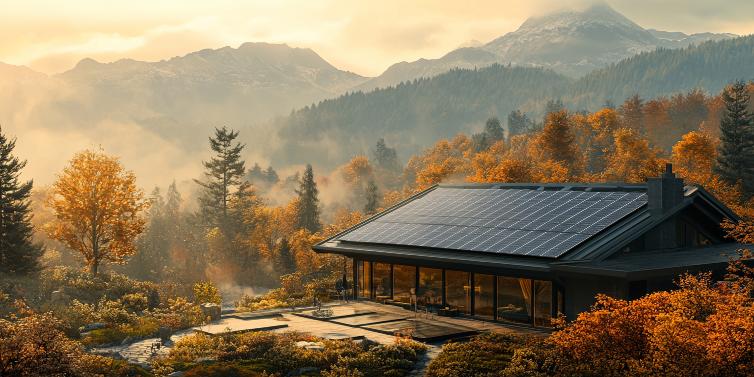 Modern house with solar panels in a scenic autumn landscape with mountains and misty forests.