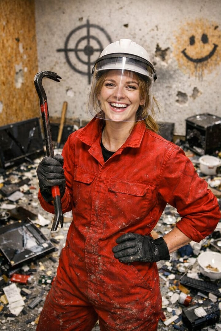 Woman with crowbar smiling