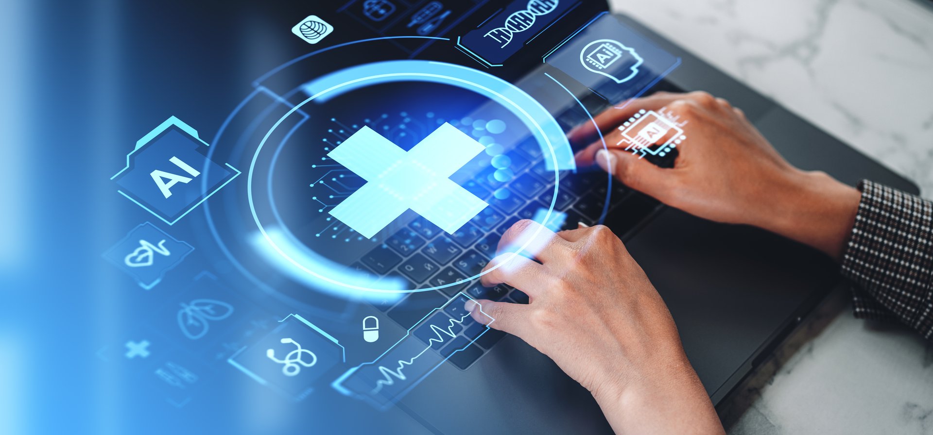 Top view of woman hands using laptop, glowing large cross and medical icons hologram, AI diagnosis. Concept of health care innovation and artificial intelligence helping in treatment
