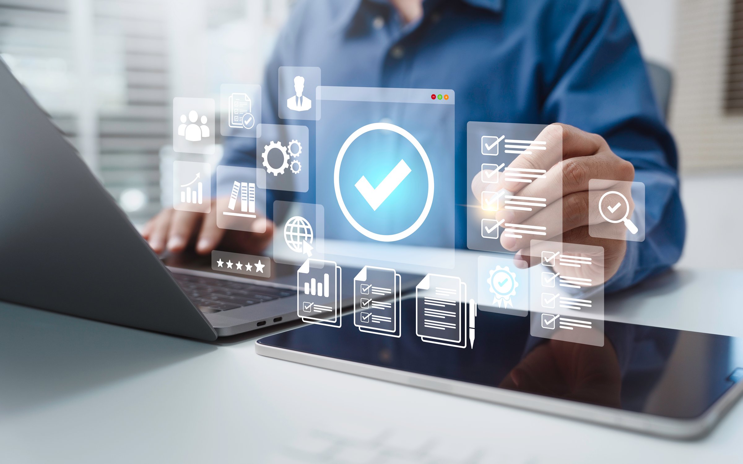 Quality control management with Quality Control QC and Quality Assurance QA to Compliance to regulations and standards and improvement. Standardization validation and certification concept.