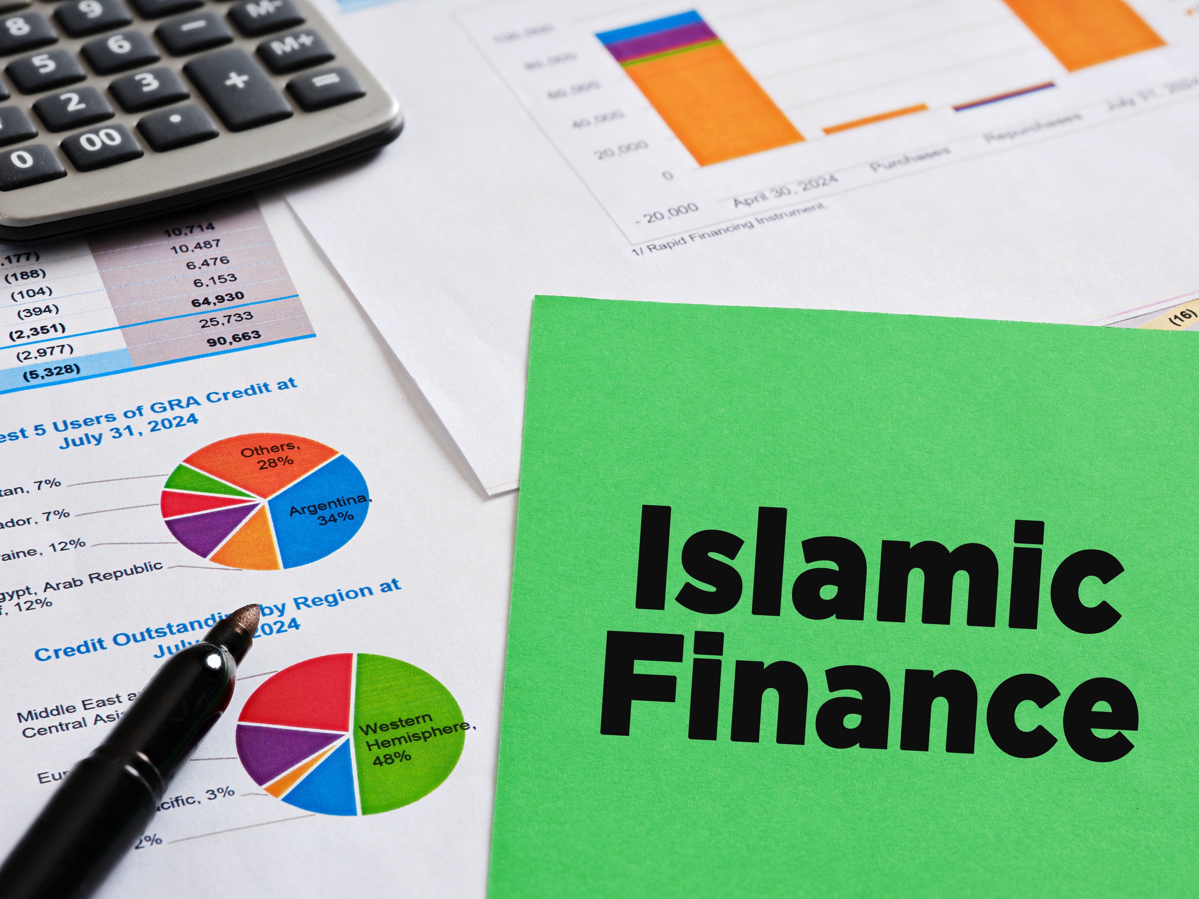 Islamic finance concept with calculator, financial planning tools and Sharia-compliant documentation