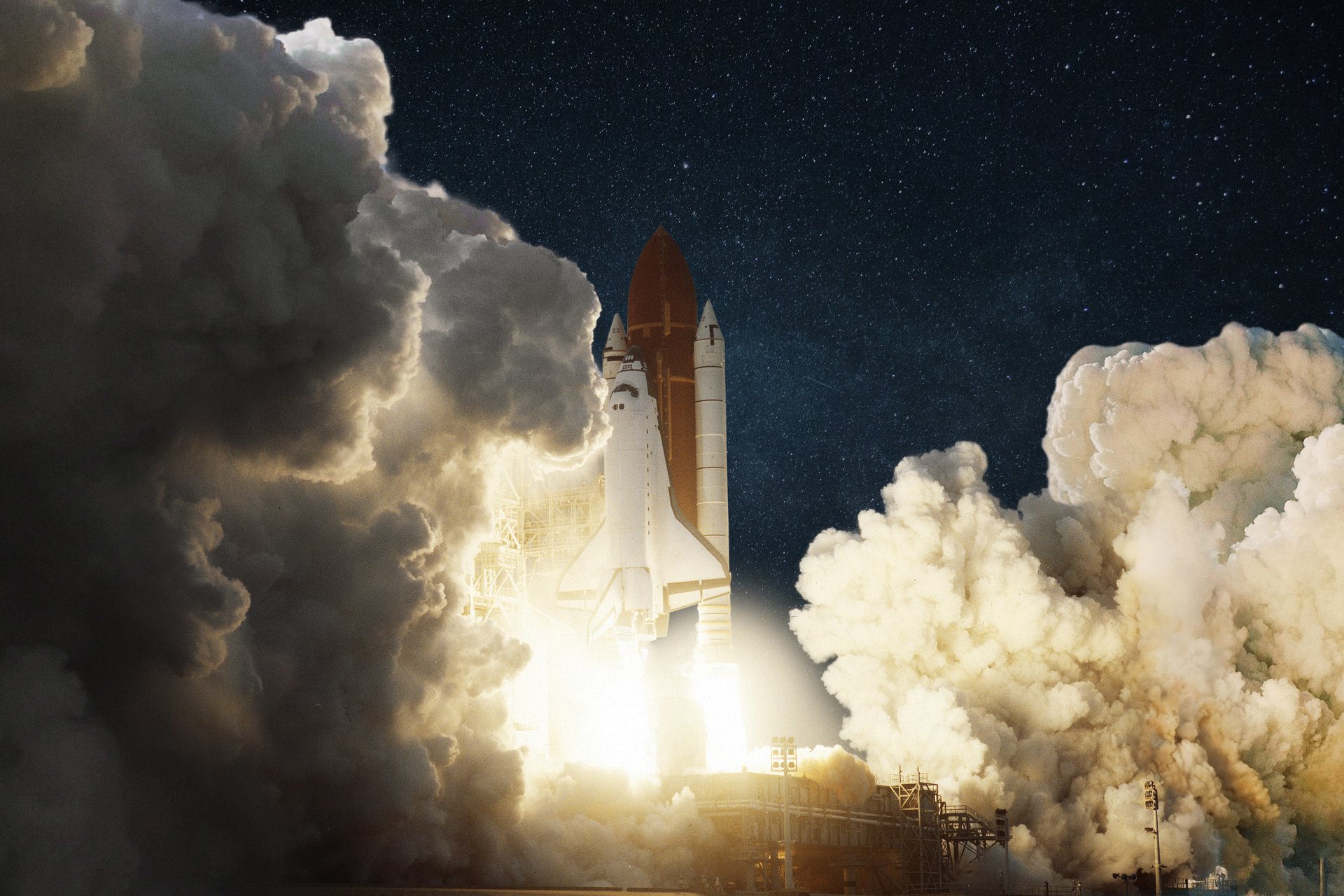 Space shuttle launching at night with smoke and fire clouds around. Powerful rocket liftoff against starry sky, symbolizing exploration, science, technology, and space travel.