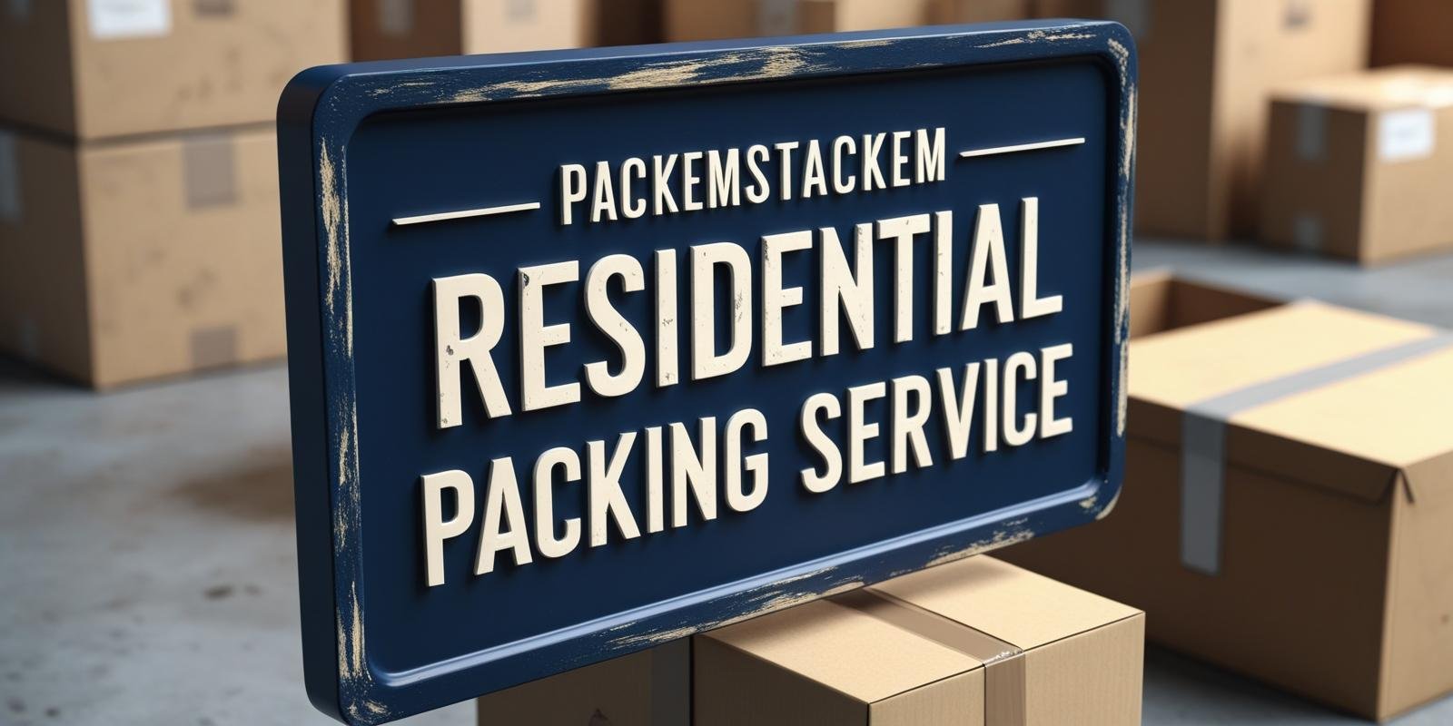 PackEmStackEm Residential Packing Service sign with dark blue background and packing boxes