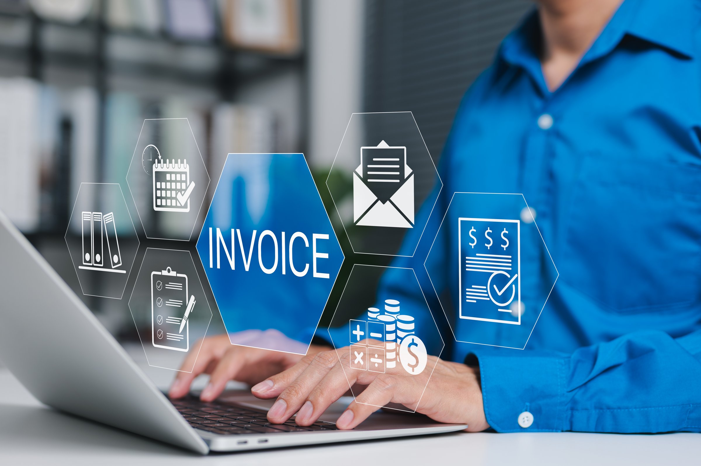 E-Invoice and Online Billing Management Concept. A person working on laptop with digital invoice icons, calendar, checklist, money, statement, document represents e-invoicing and financial workflow.