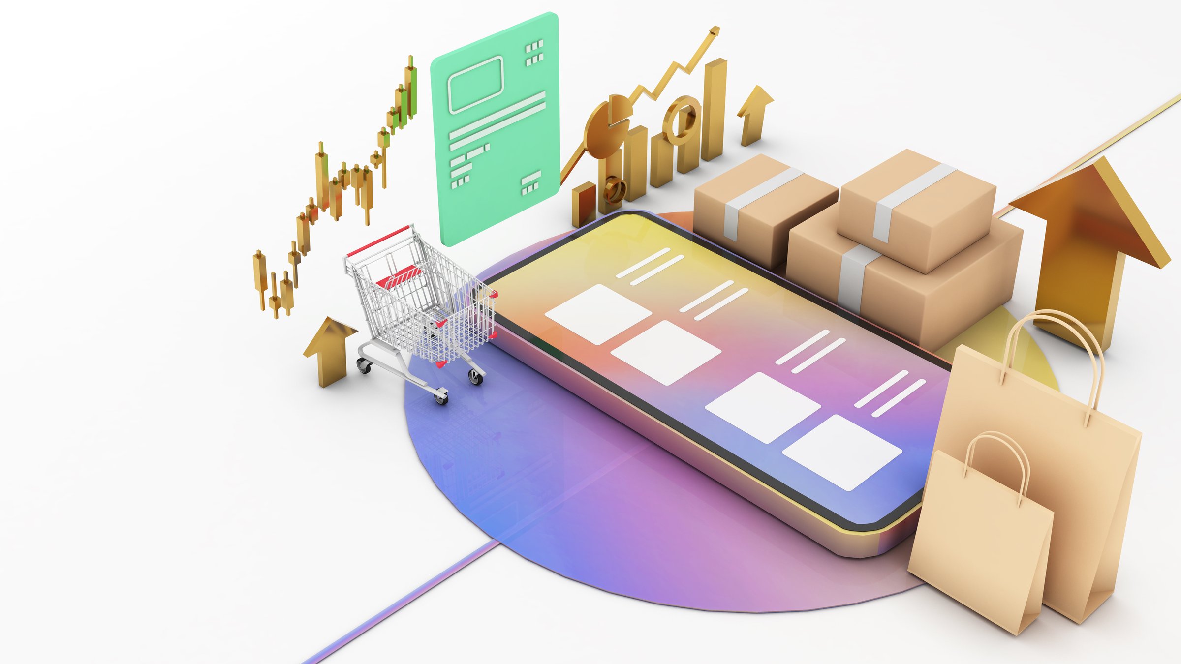 Using mobile phones to order products and services online, online business technology, connecting data to purchase products. ,3d rendering