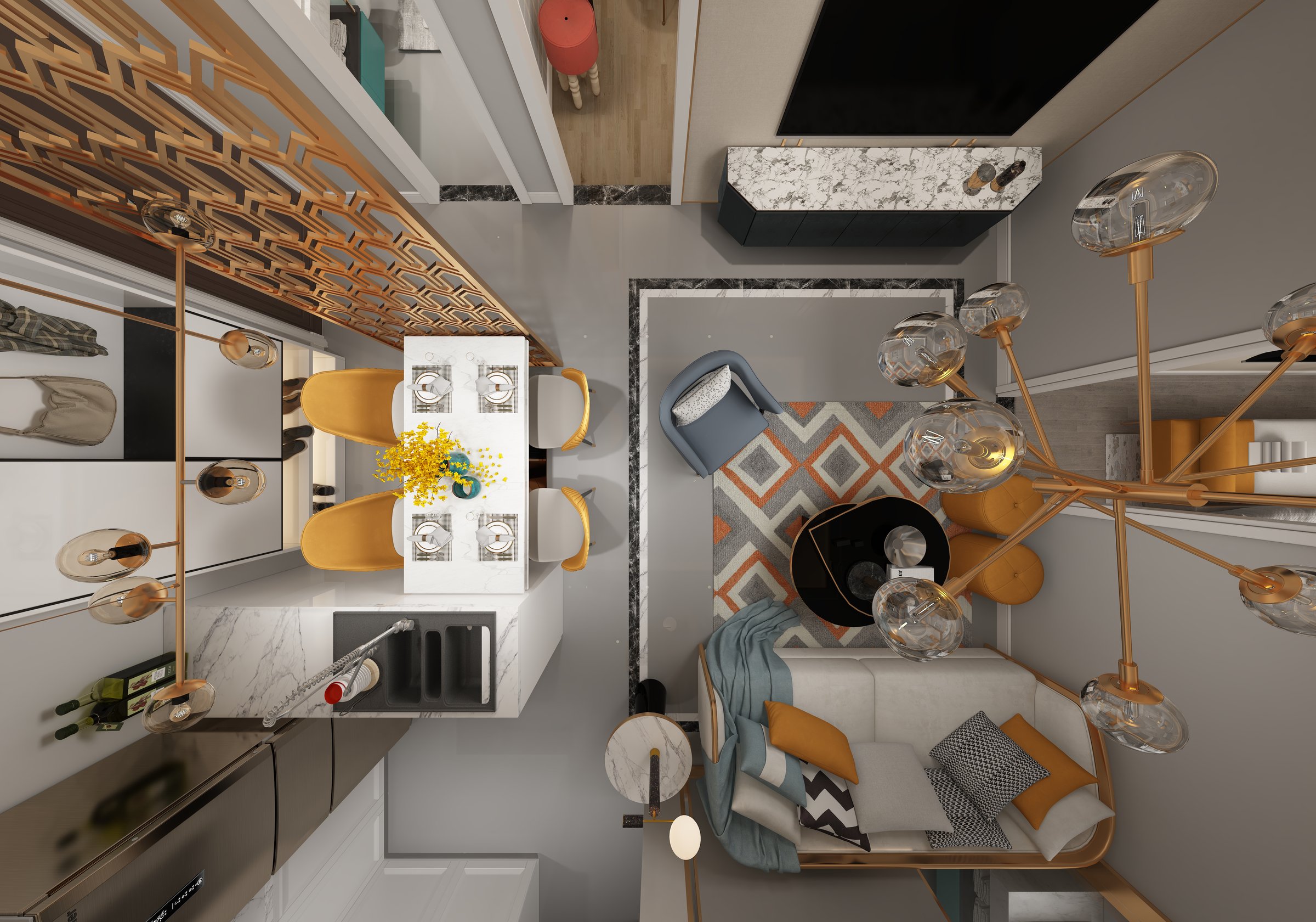 3d render of living room and dining space