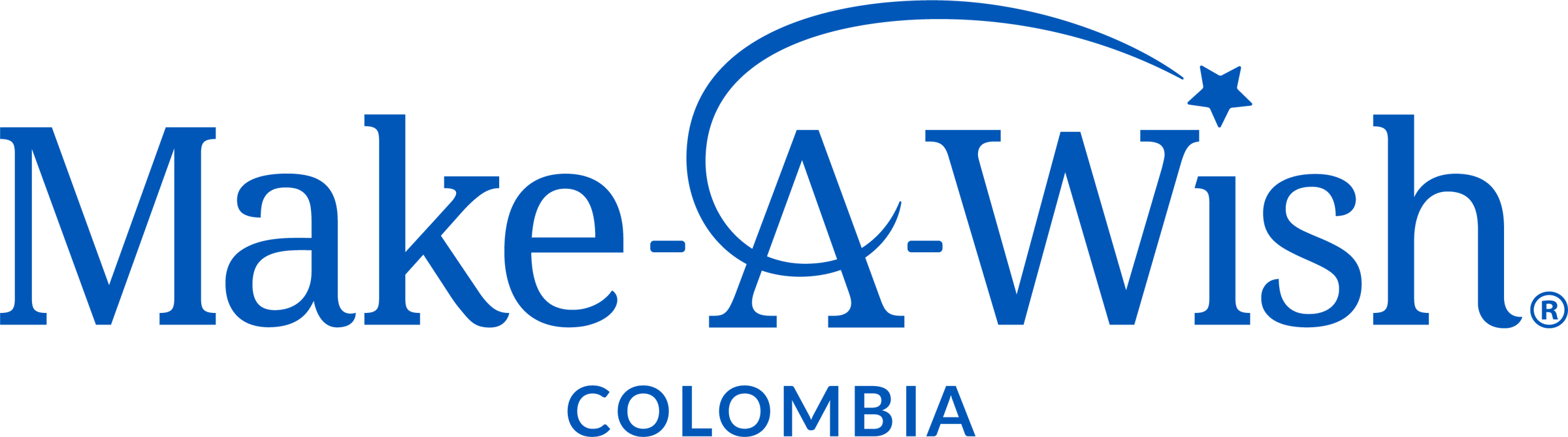 Make-A-Wish Colombia logo featuring blue text with a star and swoosh design.