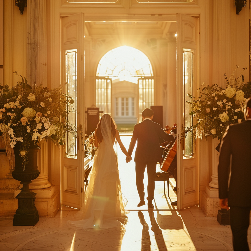 A couple holding hands walking toward a grand bridge