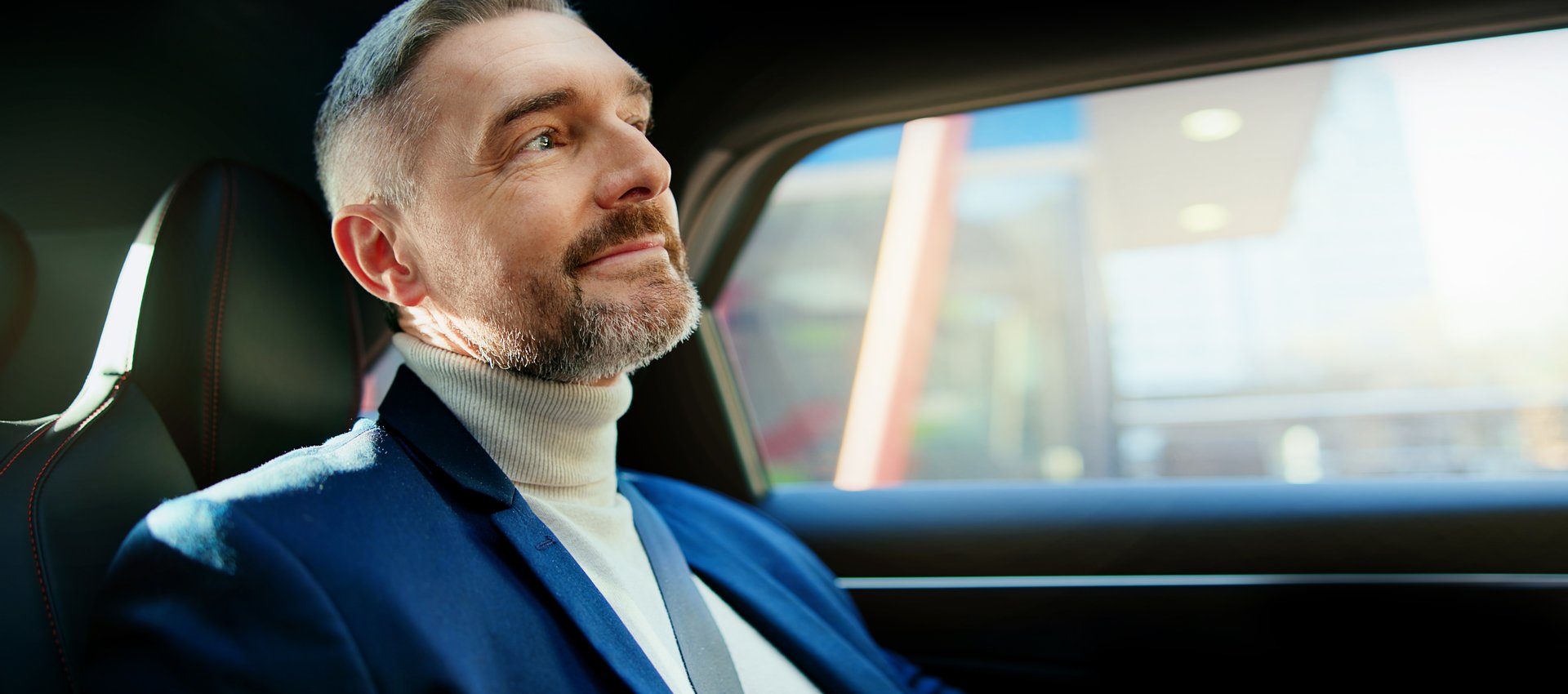 Thinking, smile and business man in taxi for transportation, conference trip or reflection. Private chauffeur service, commute and vision with mature person in car for tourism, professional or travel