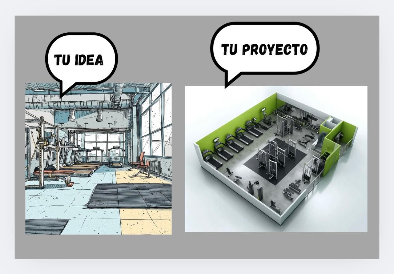 Illustrated comparison of a gym idea versus a 3D gym project, with speech bubbles saying Tu Idea and Tu Proyecto.