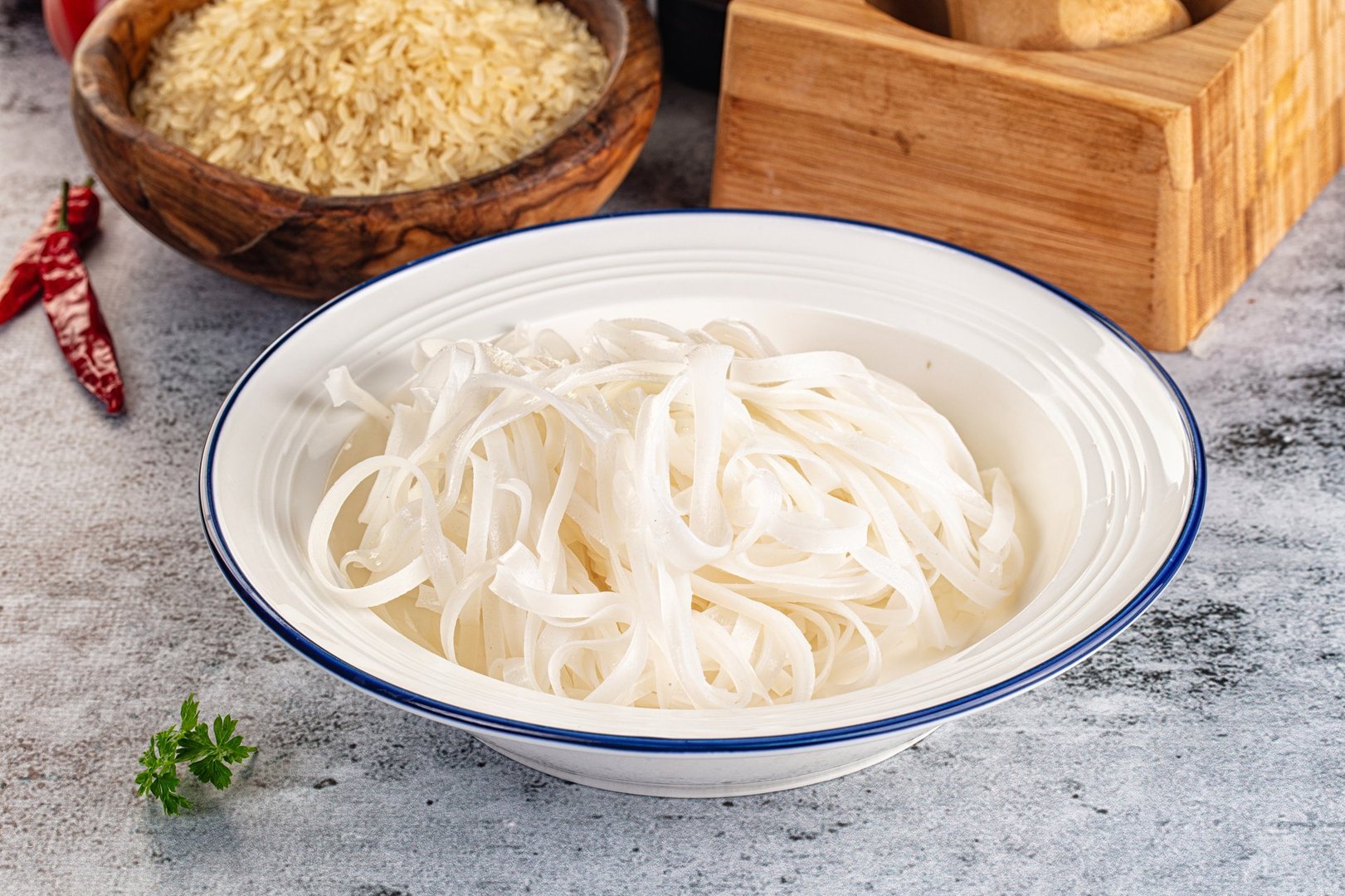 Boiled asian rice pho noodles