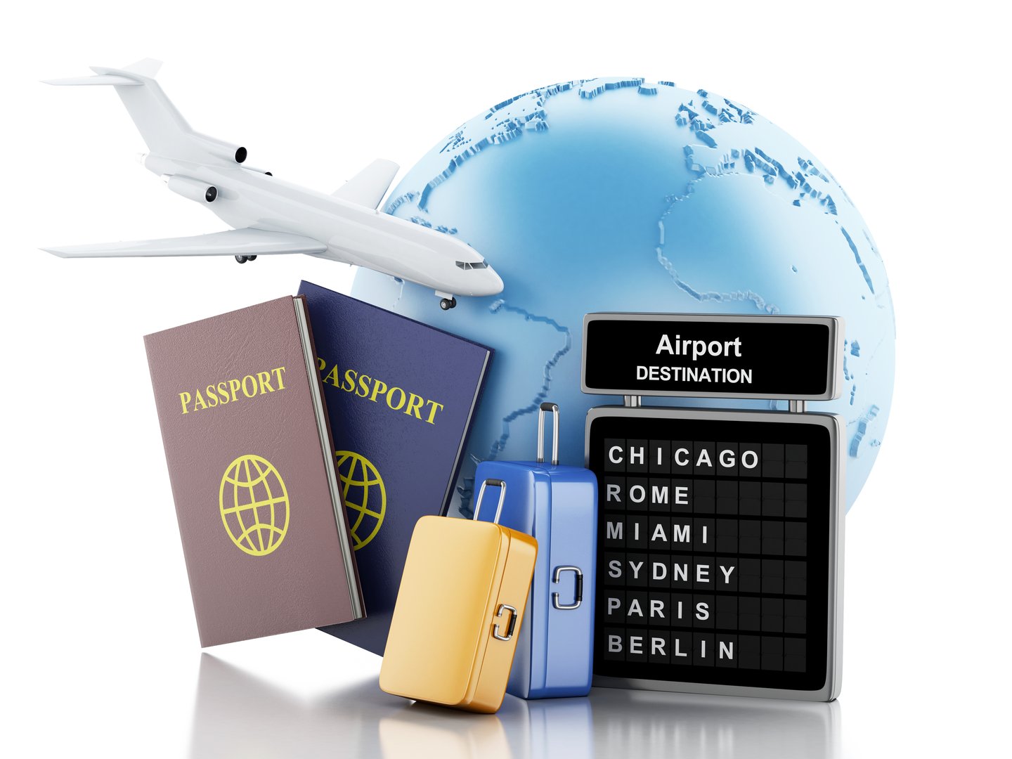 3d illustration. Earth, Airport board, passport and travel suitcases. Airline travel concept. Isolated white background