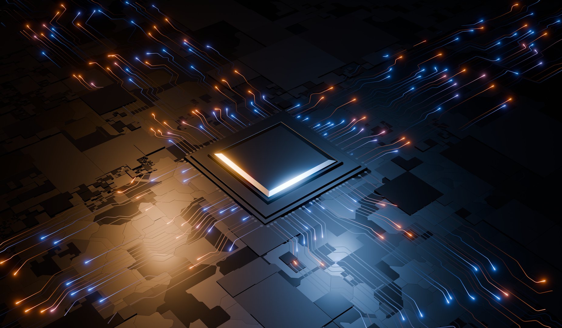 Chip, Circuit board, Processor, Data, Technology background, 3D illustration