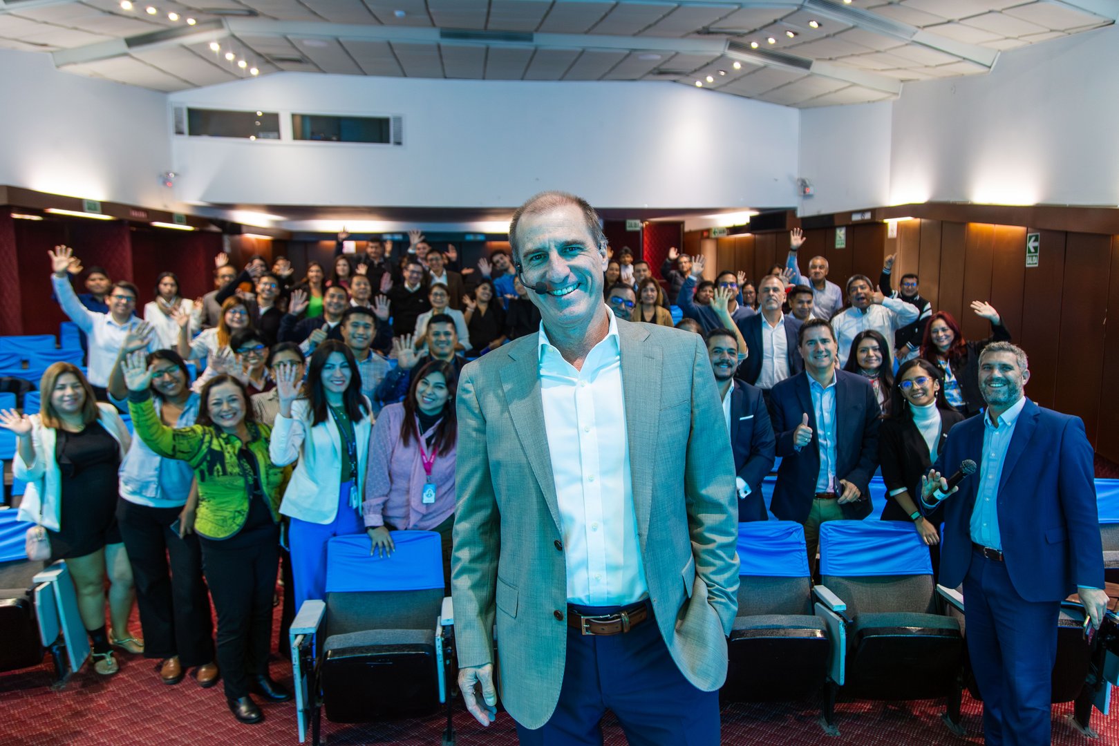 Interview and round table discussion at business convention and presentation. Audience at the conference hall. Business and entrepreneurship symposium.
