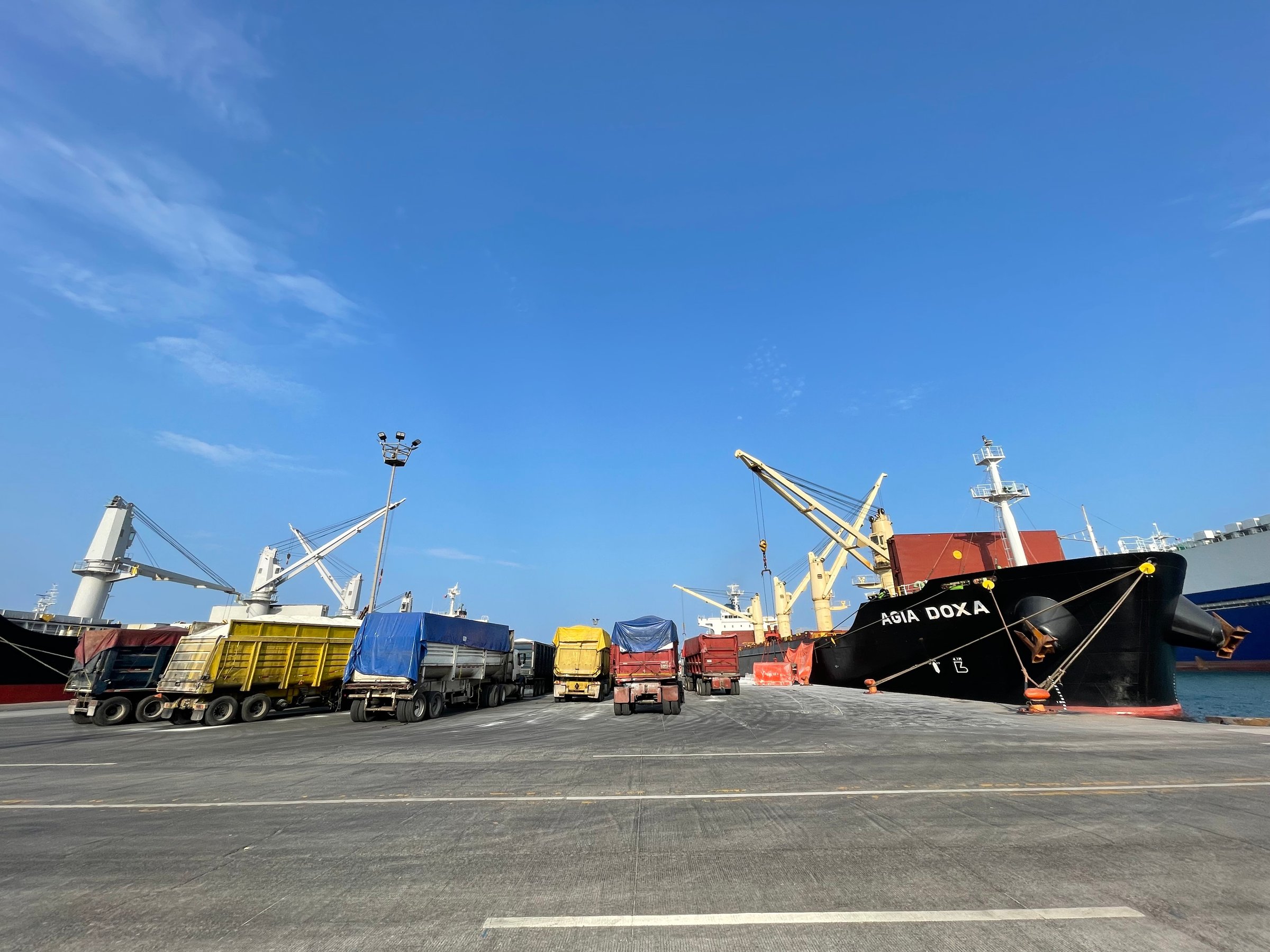 Docked cargo ships with cranes beside trucks and containers under a clear blue sky at a port.