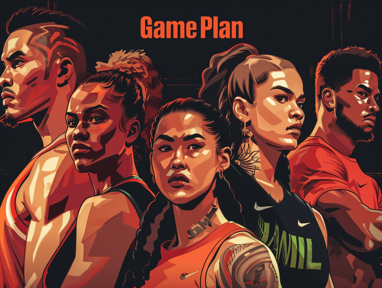 Book cover with black background featuring female and male athletes