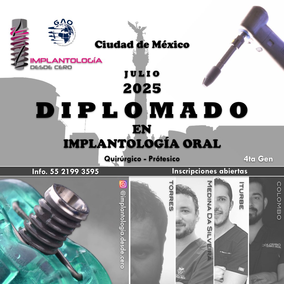 Promotional poster for a dental implantology course in Mexico City, July 2025, featuring instructors and contact details.