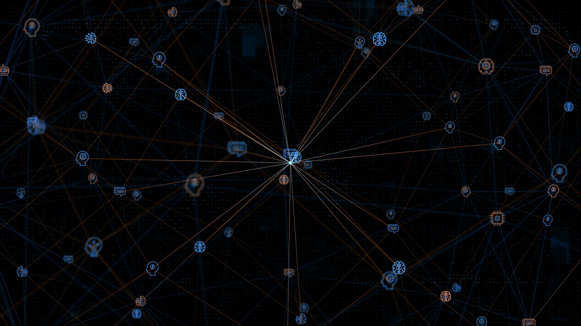 Blue digital ai icons linked on grid mesh and line connection on futuristic abstract background technology artificial intelligence assistant concept