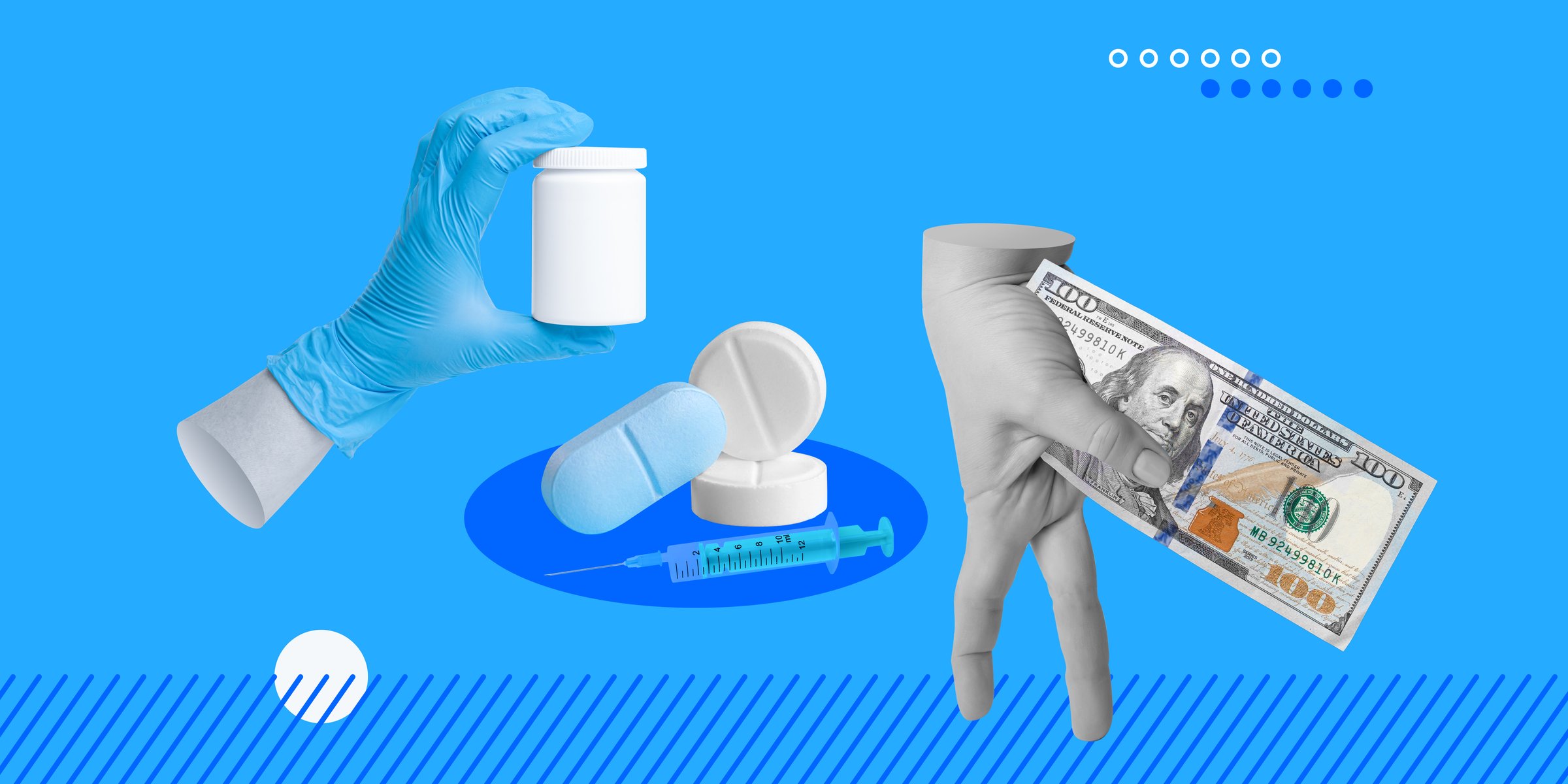 Cost of medicines, medical services concept. Hand with one hundred dollar bill steps to pills, syringe and hand with plastic bottle for vitamins or supplements. Minimalist art collage.