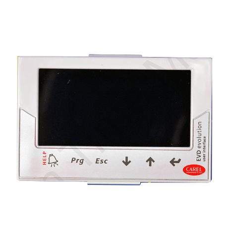 A digital control panel with a display screen, buttons labeled Prg and Esc, and directional arrows. Brand logo CAREL visible.