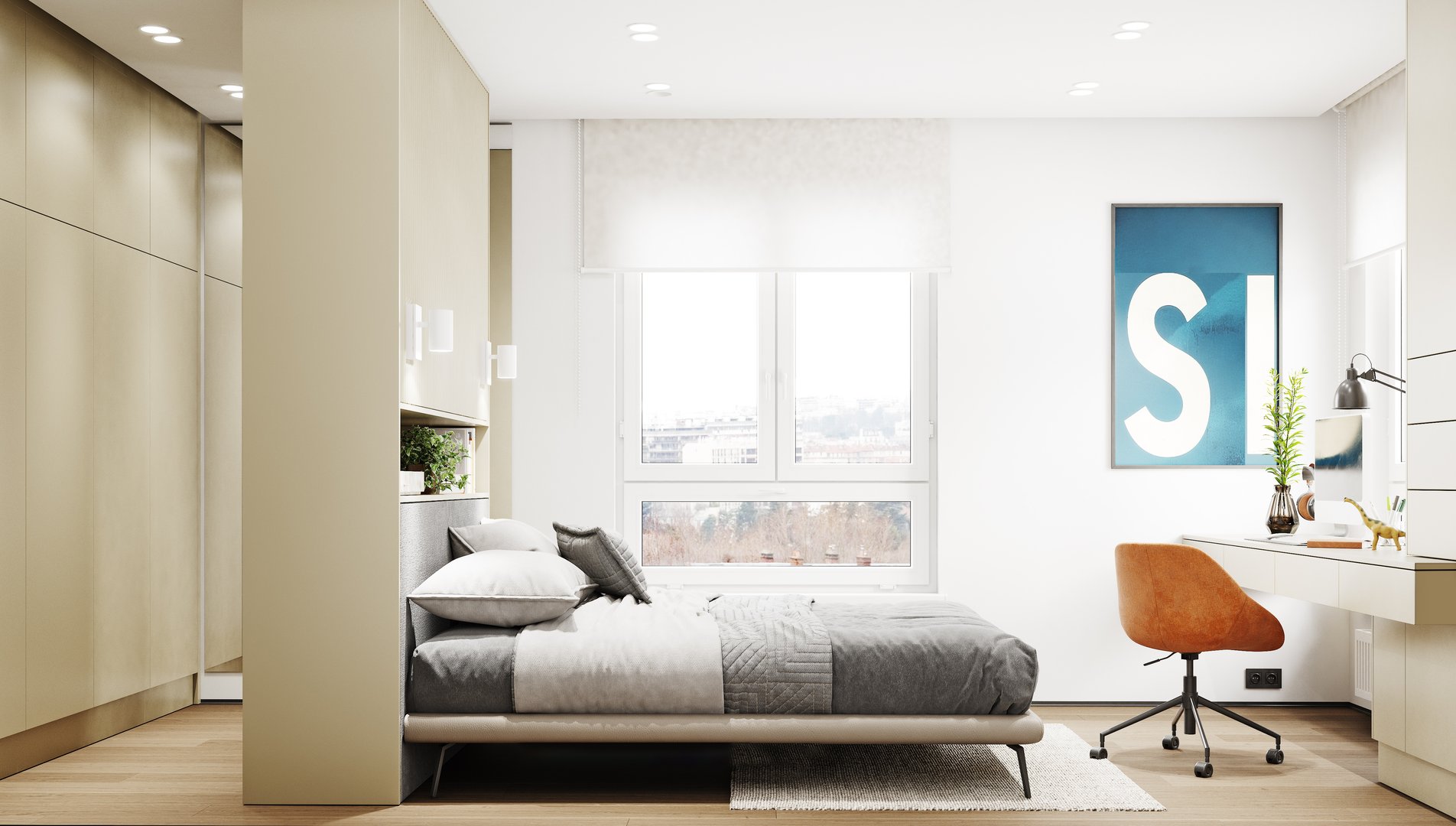 Warm bedroom interior with window, desk, bed and orange chair. 3d rendering.