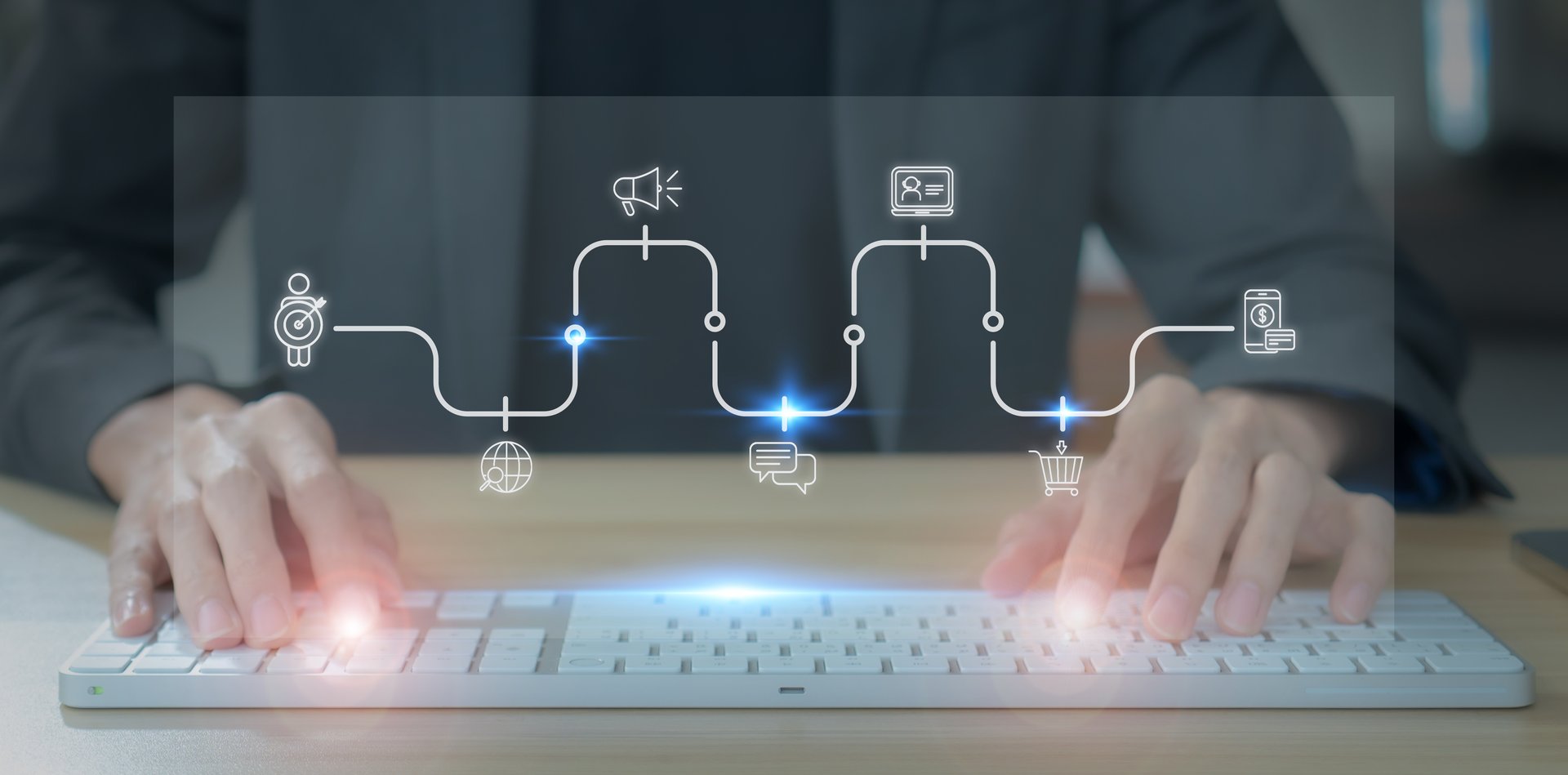 Customer journey analysis and online marketing strategy concept. Typing on a keyboard, with a futuristic interface displaying key stages of customer engagement, awareness, communication and purchase.