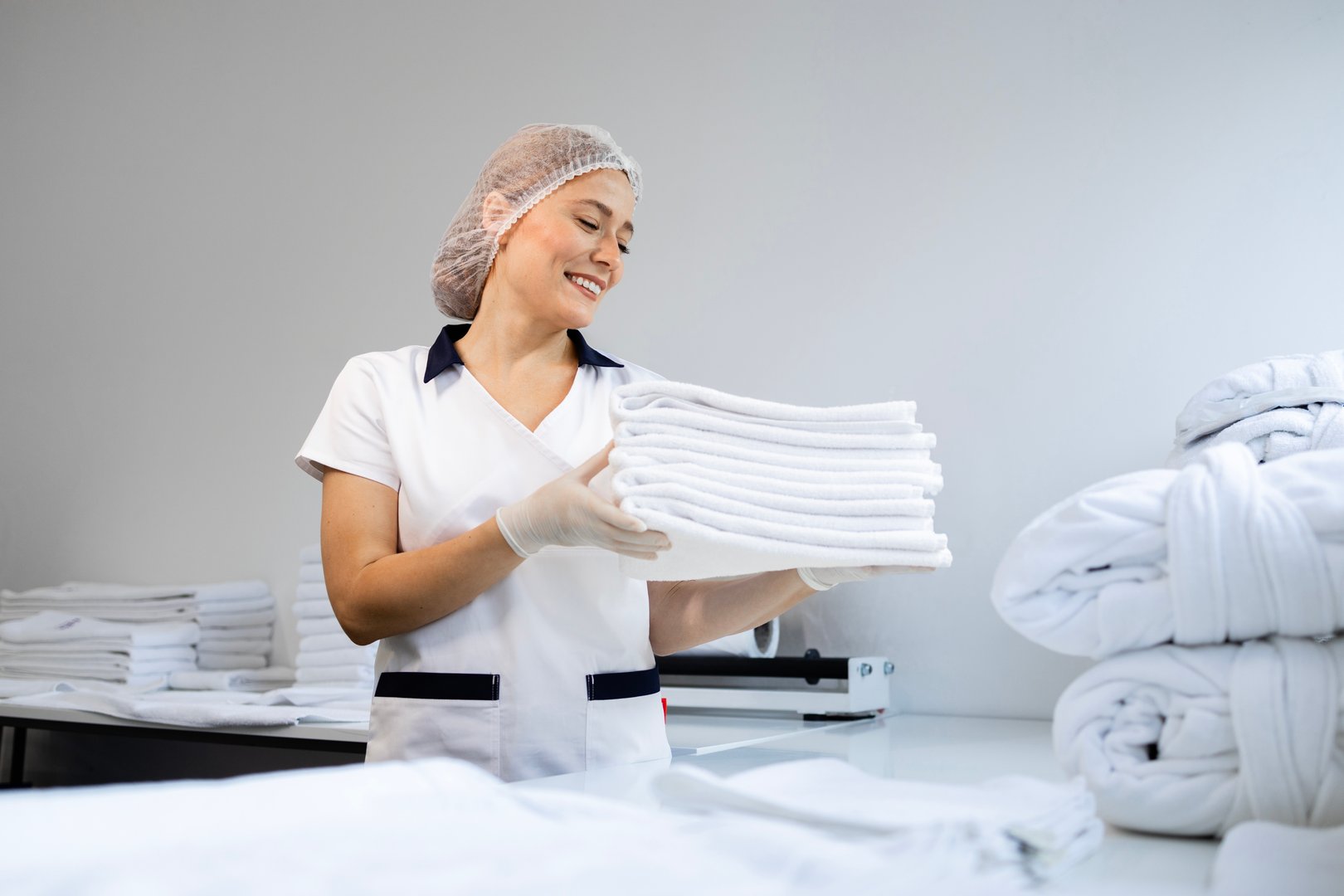 Female laundry worker packing clean towels ready for customer delivery.