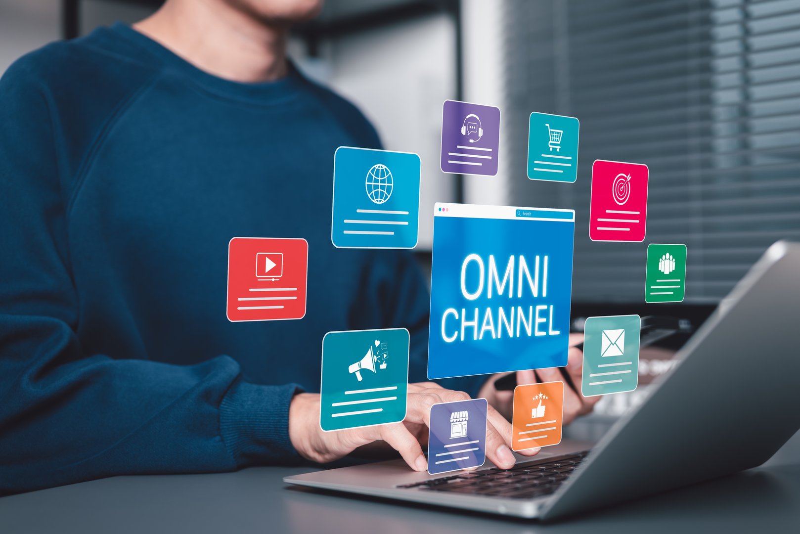 Omni Channel Digital Marketing and E-Commerce concept. Businessman with omni-channel market icon, customer engagement, online sales, print ads, website, social media, call center, email, store, mobile