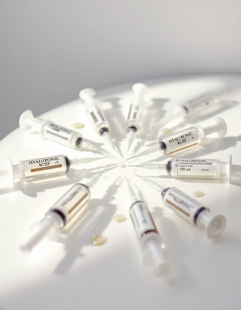 Syringes with hyaluronic acid arranged in a circular pattern on a white surface with droplets around them.