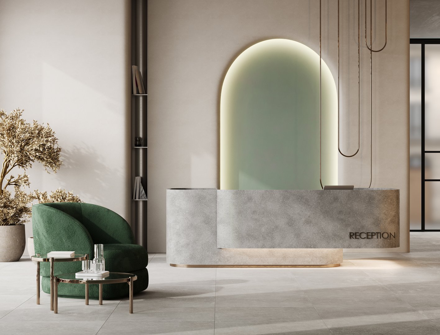 Modern stylish reception desk with green armchair, 3D rendering