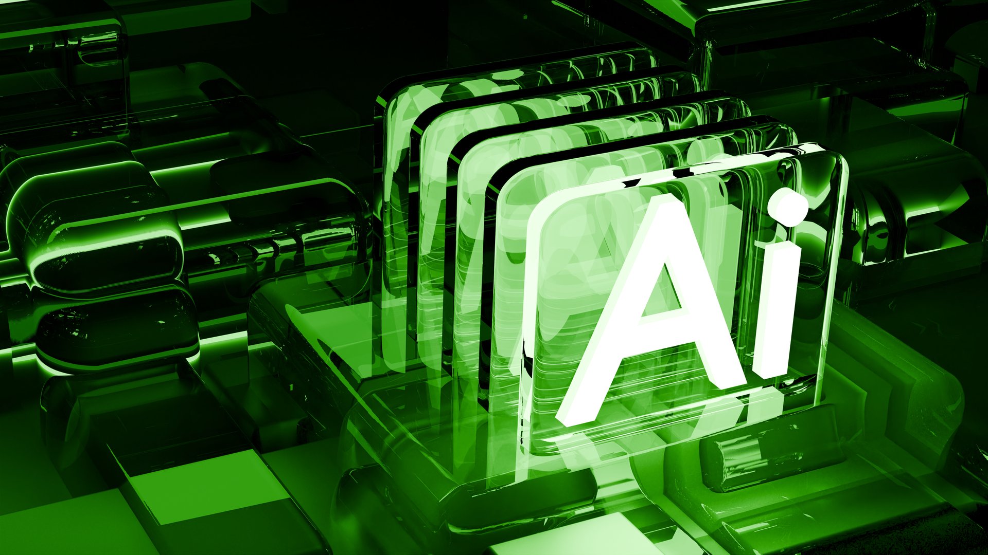 AI, artificial intelligence logo on green glass geometric rectangles background. 3d render artificial intelligence concept, AI logo