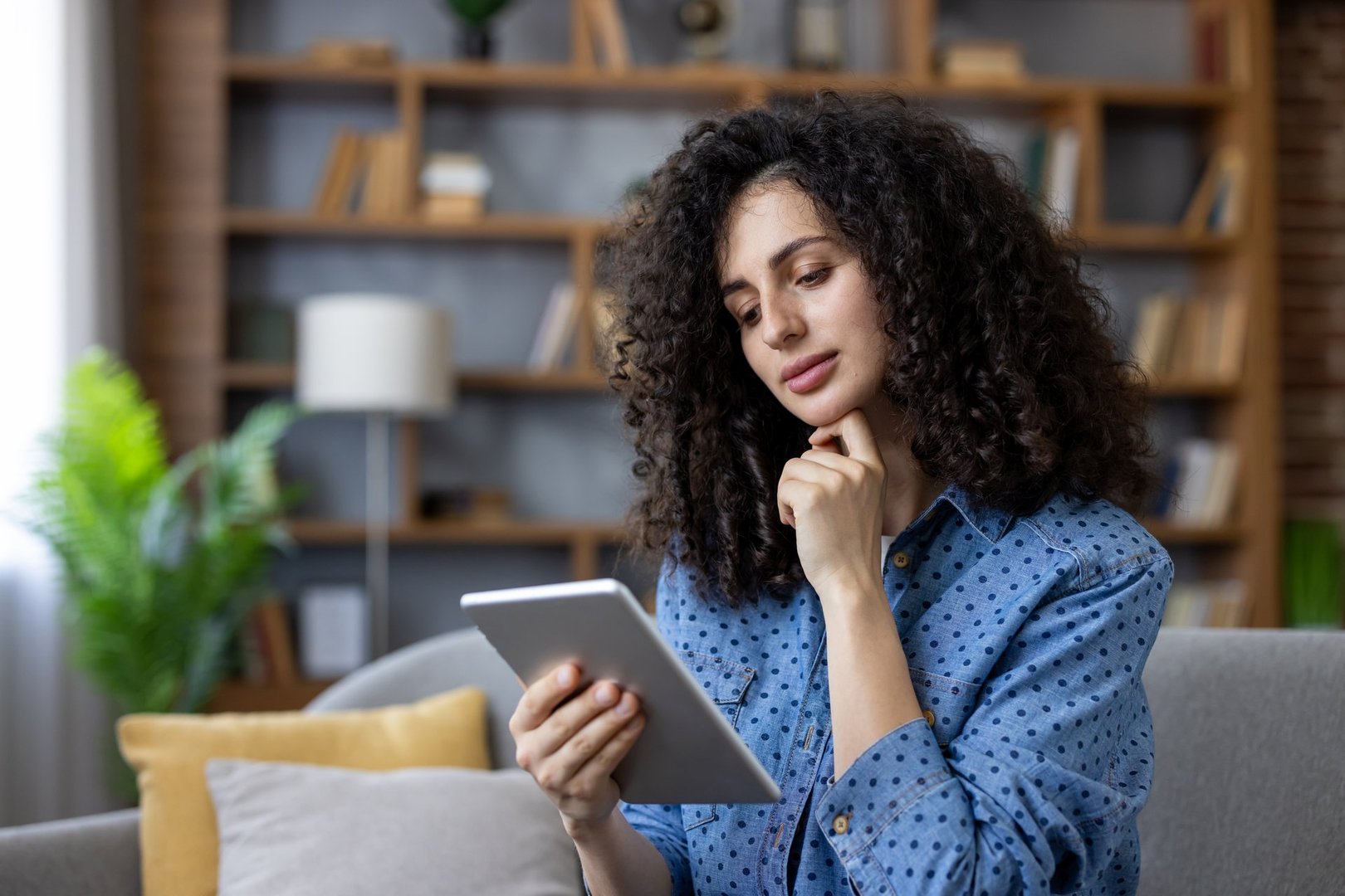 Woman with curly hair sitting on a couch, holding a digital tablet, intently engaging with content, using technology for online learning, entertainment, or remote work in a comfortable living room