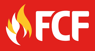 Logo with the letters FCF in white on a red background, featuring a stylized flame design next to the text.