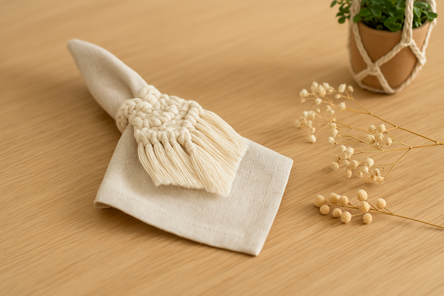 Macrame napkin holder on a folded cloth, dried flowers, and a potted plant on a wooden surface.