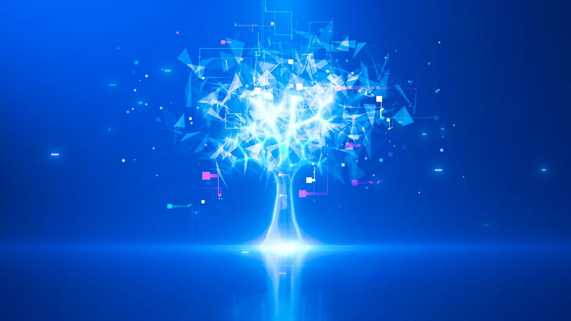 Abstract glowing tree on blue background. Technology growth and digital transformation.