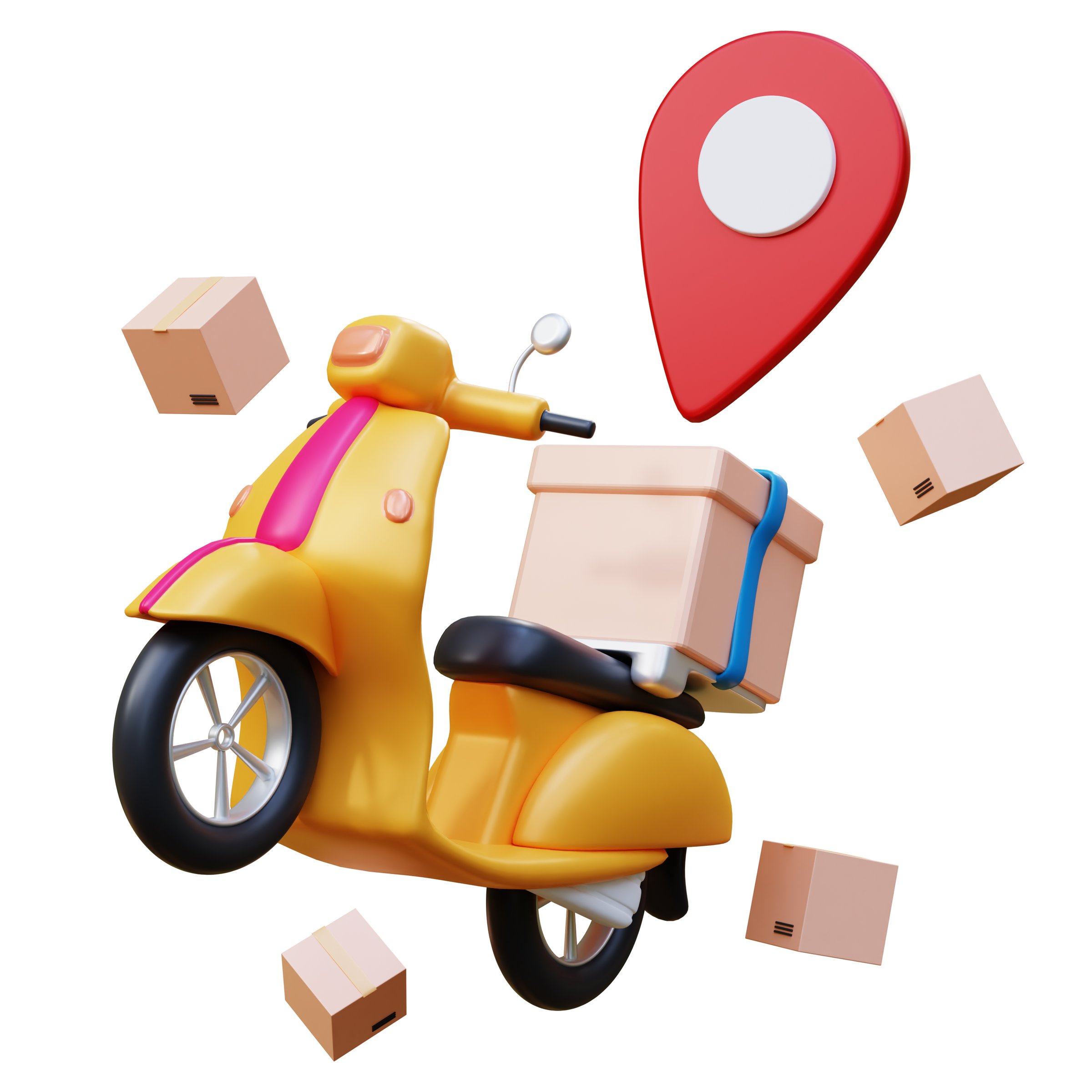 Scooter with cardboard box. Online delivery service concept. E-commerce concept, Online restaurant order food service, Shopping online and delivery service on mobile application. 3d rendering