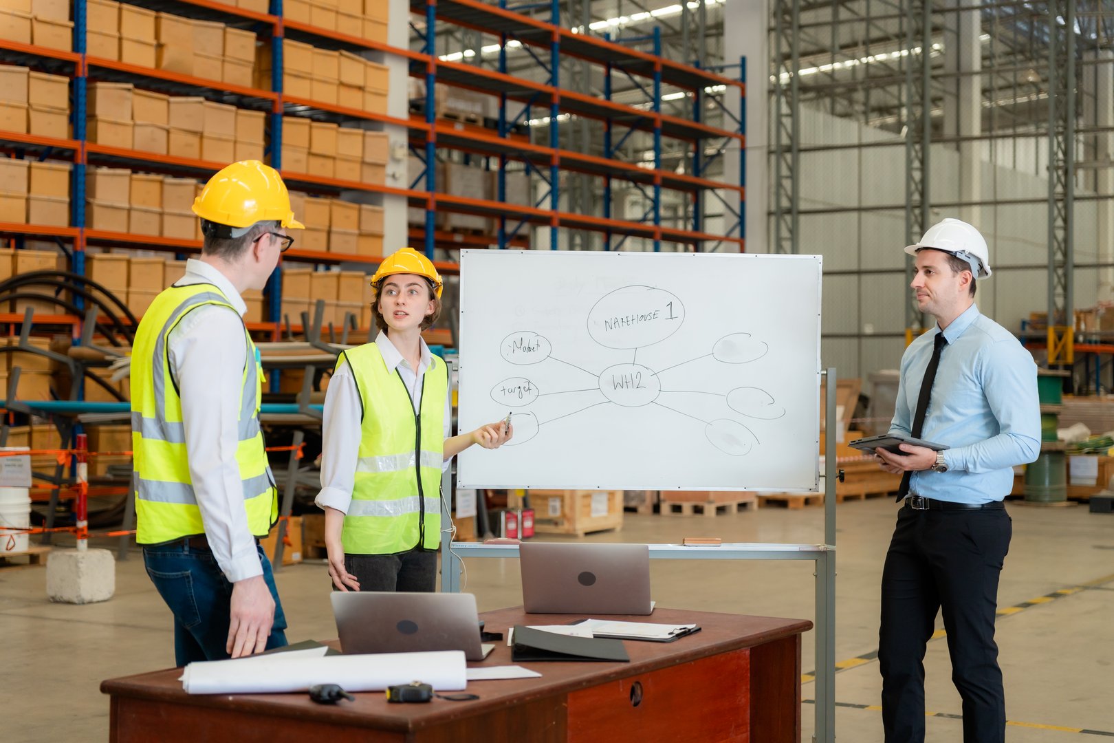 Engineers, employees, businessmen talking in large warehouses, Group of diversity warehouse worker meeting and checking list inventory in industry factory.