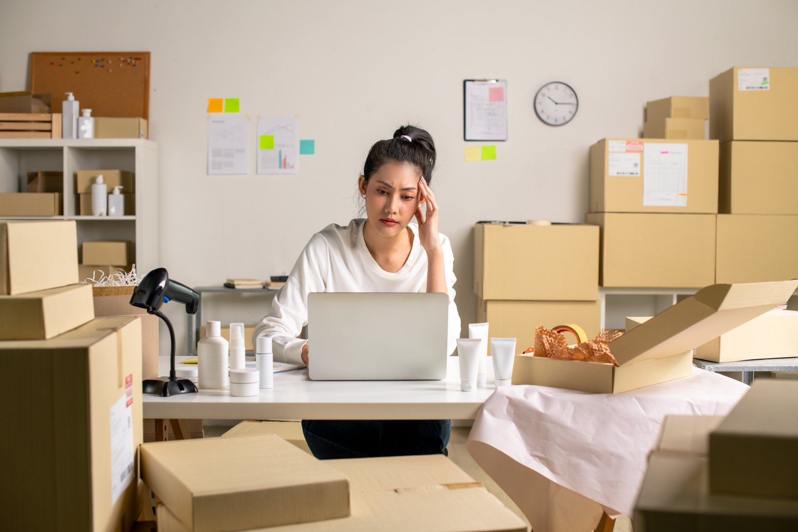 Asian e-commerce seller desperate for more customers, checking laptop in a warehouse setting for an online beauty shop.