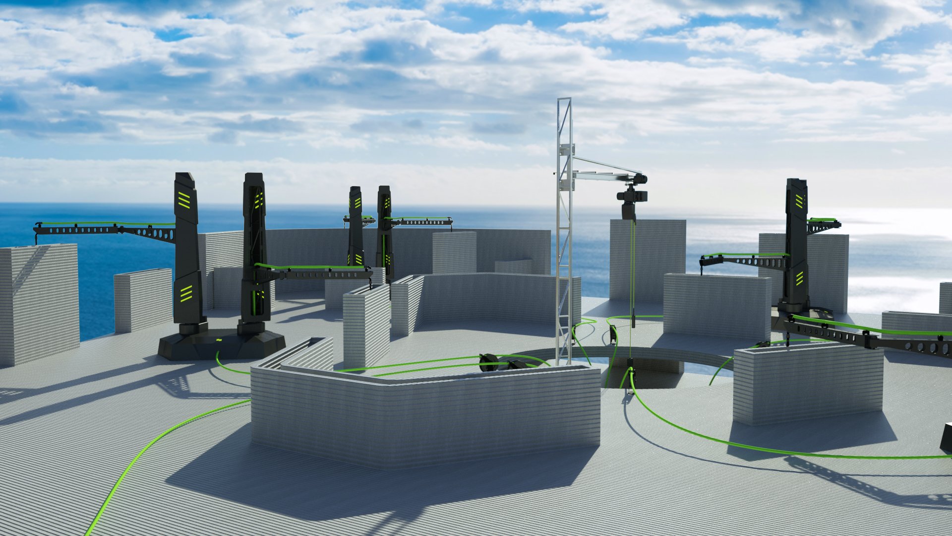 Futuristic construction site with robotic machinery and conveyors, set on a coastal platform under a blue sky.