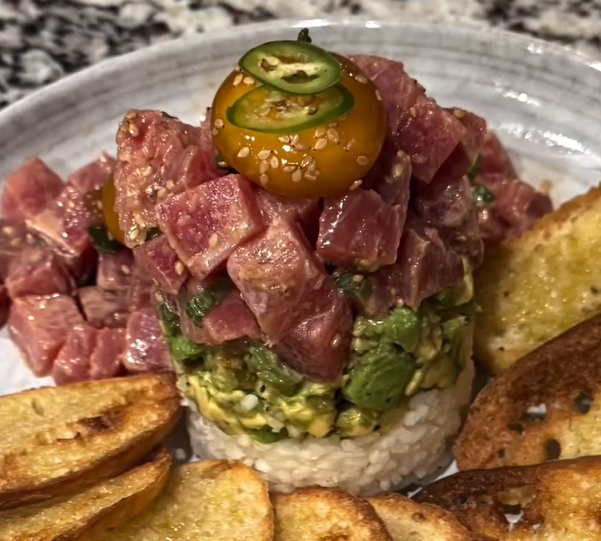 Tuna Poke Tower with cured egg yolk