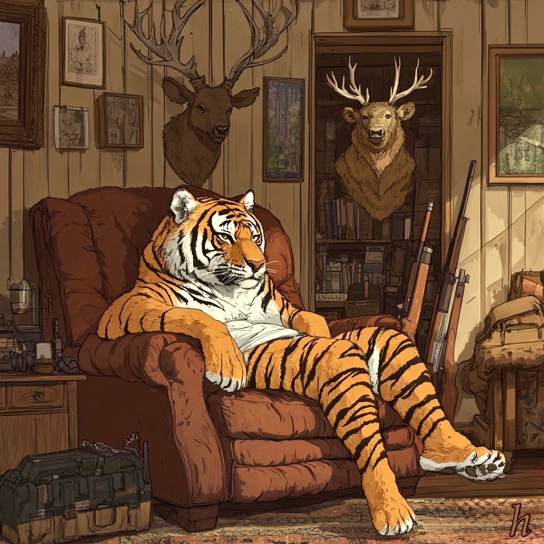 A tiger relaxes in an armchair in a rustic room with deer heads, rifles, and vintage decor on the walls.