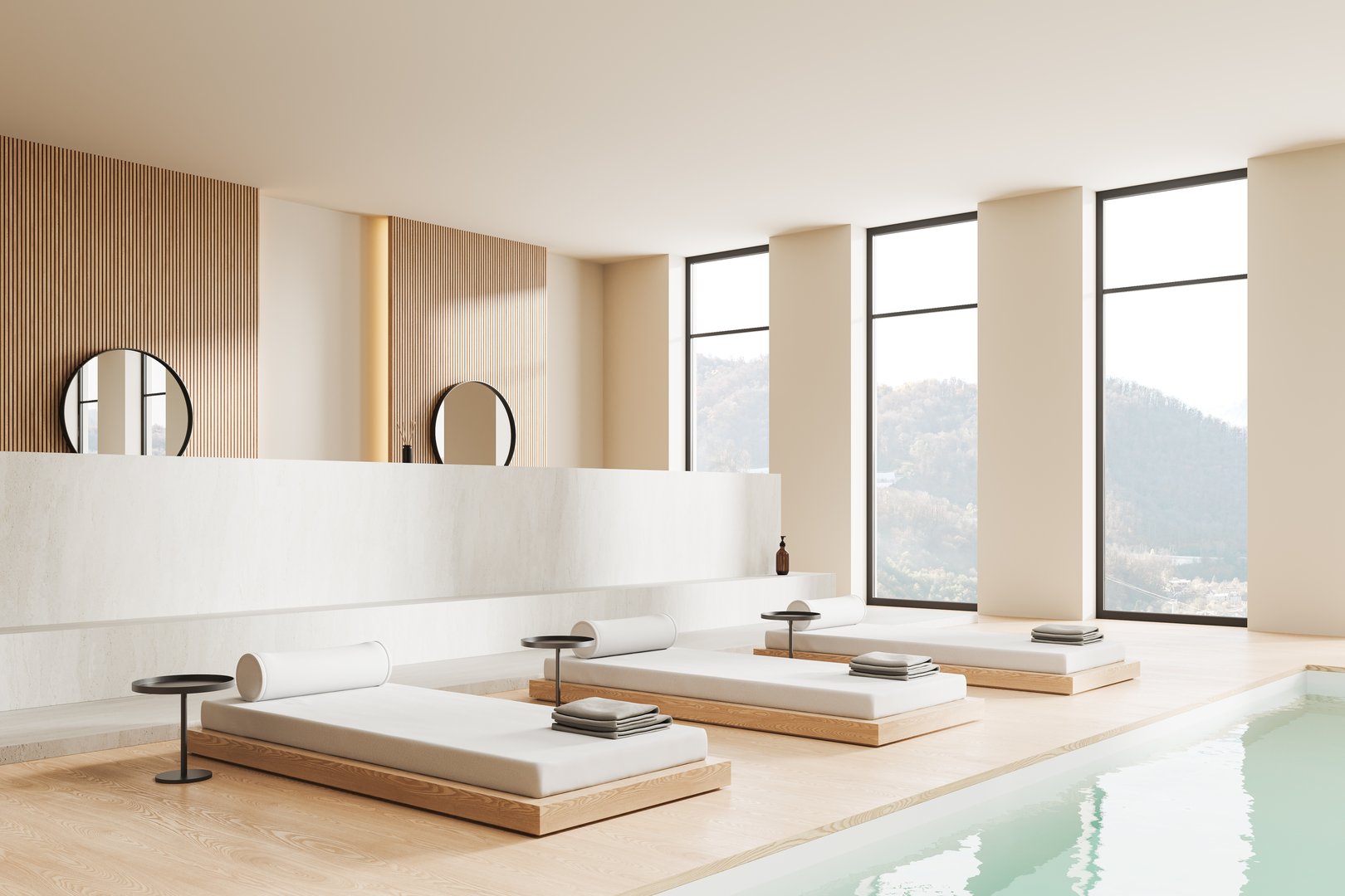 Corner view of cozy spa interior with loungers in row, side view massage beds, mirror and swimming pool. Stylish hotel resort and panoramic window on countryside. 3D rendering
