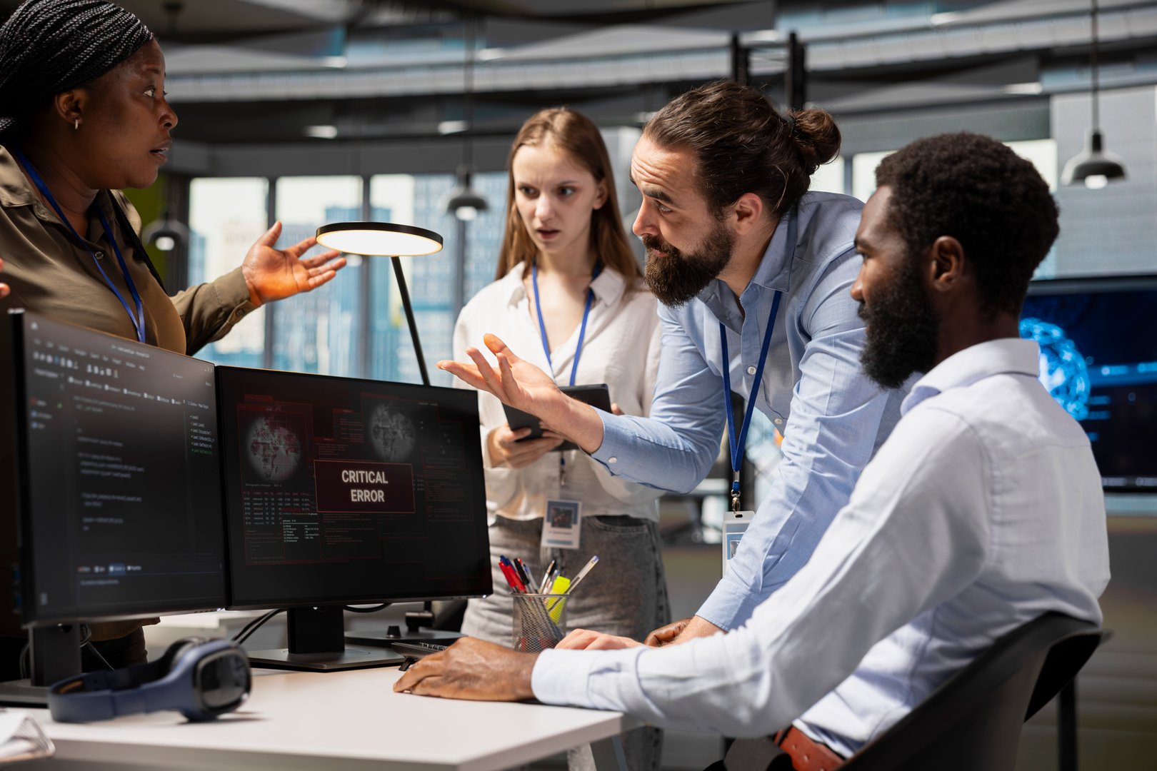 Software developers working together, resolving critical error alert on screen in tech startup office, troubleshooting system warnings. IT workers using PC to repair office equipment bugs