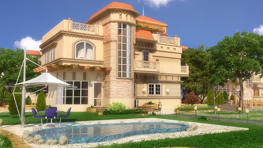 A luxurious villa with a pool and patio, surrounded by greenery and trees, under a clear blue sky.