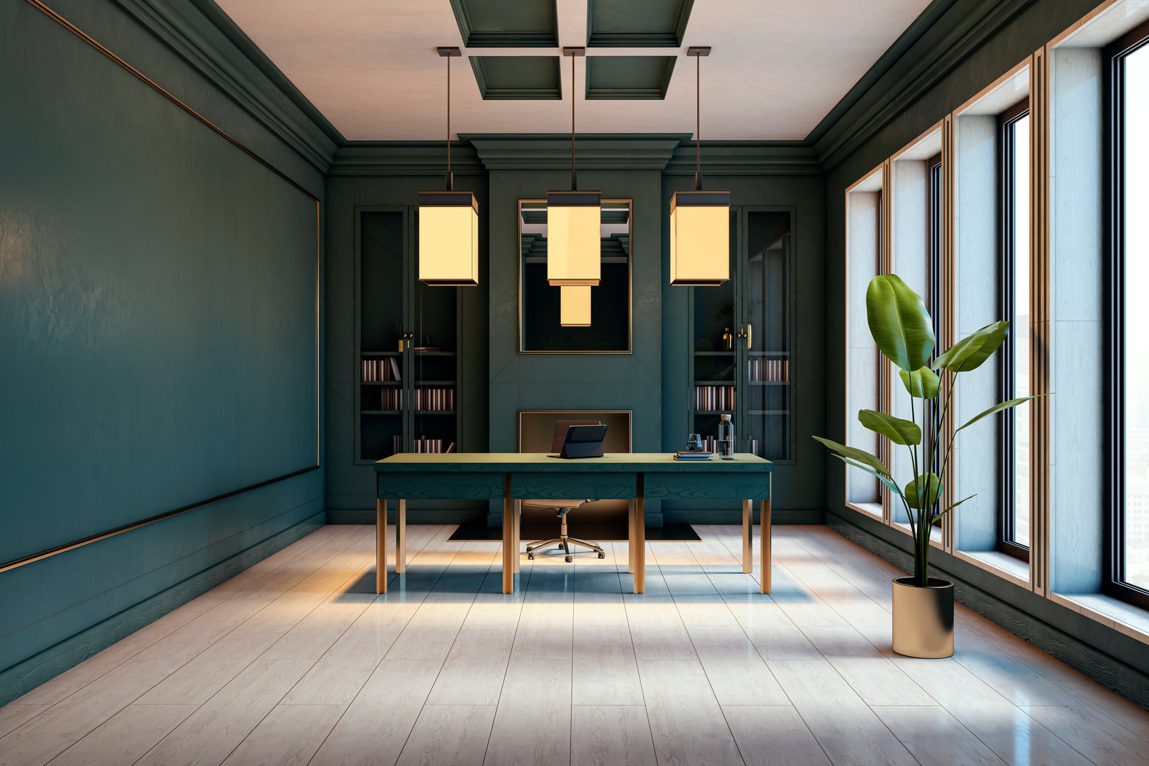 Elegant executive office with wooden desk, green walls, bookshelves, and large windows. Modern lighting and upscale design enhance the workspace. 3D Rendering