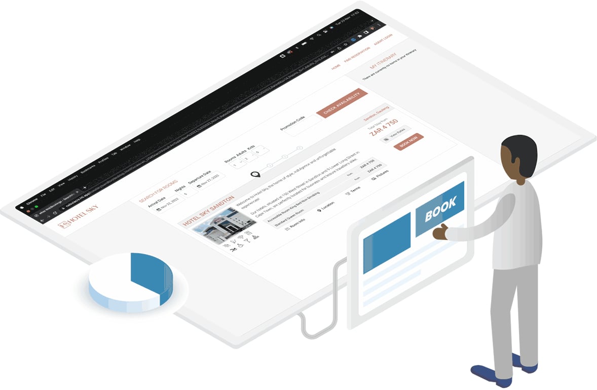 Illustration of a person booking a train ticket on a computer, showing a screen with train details and a "BOOK" button.